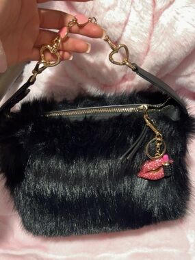 Black Faux Fur Bag with Lip Charm